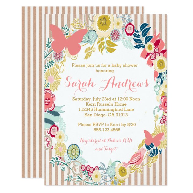 Butterfly Floral Pink Baby Shower Girl Invitation