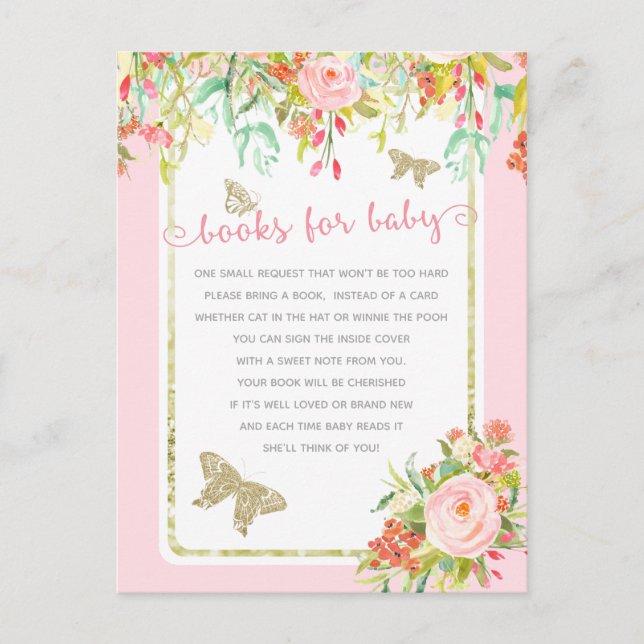 Butterfly Floral Pink Girl Baby Shower Book Card (Front)