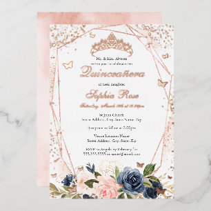 Butterfly Floral Pink Navy Quinceanera Foil Invitation
