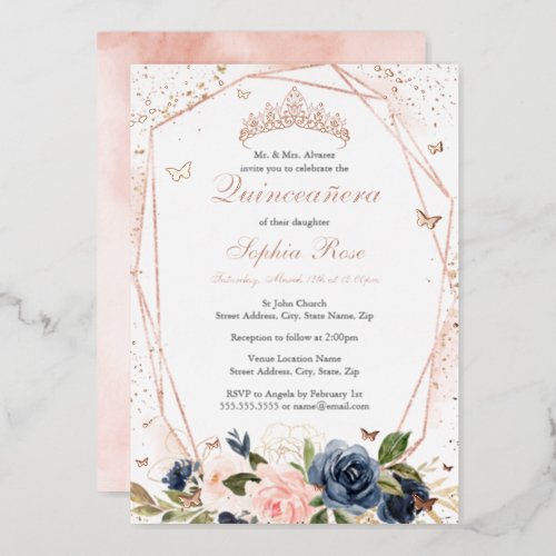 Butterfly Floral Pink Navy Quinceanera Foil Invitation