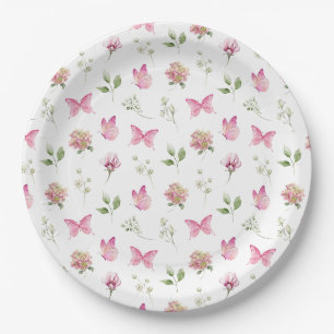 Butterfly Floral Pink White Baby Shower Paper Plates