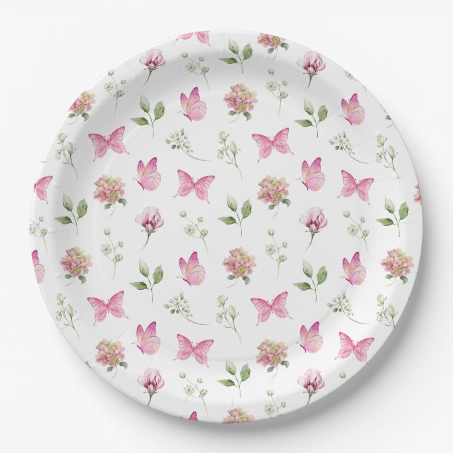 Butterfly Floral Pink White Baby Shower Paper Plates (Front)
