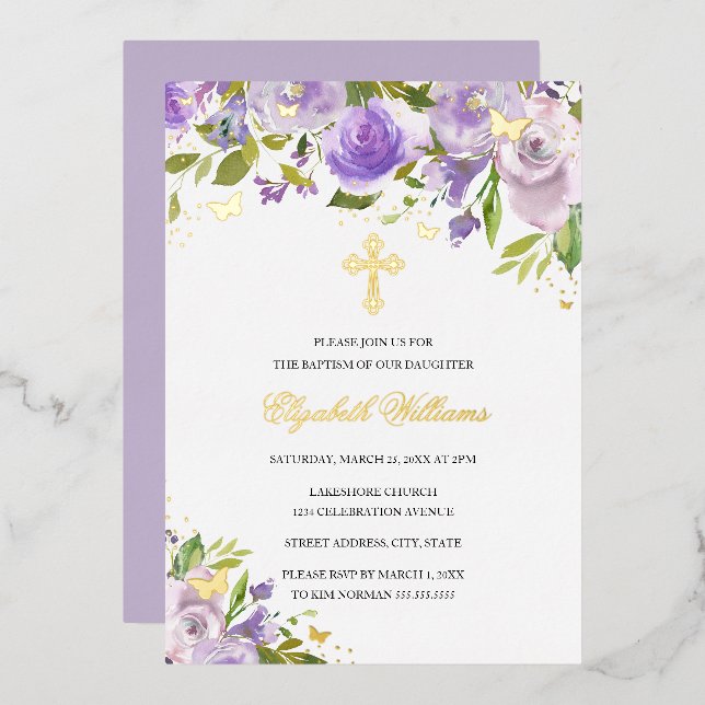 Butterfly Floral Purple Gold Girl Baptism Foil Invitation (Front/Back)