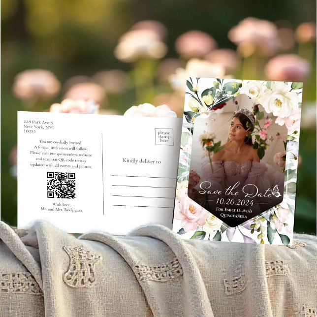 Butterfly Floral Quinceanera Photo Save The Date Postcard (Creator Uploaded)