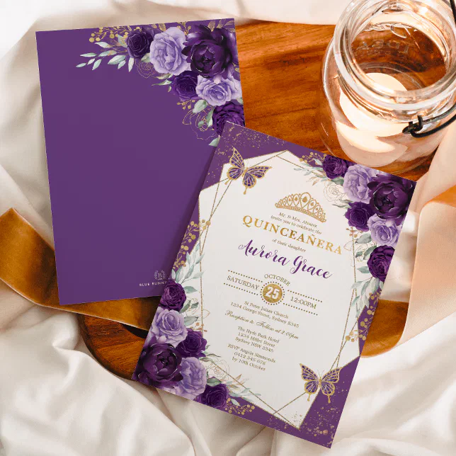 Butterfly Floral Quinceañera Violet Gold Geometric Invitation | Zazzle