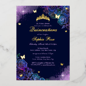 Butterfly Floral Rainbow Gold Quinceanera Foil Invitation