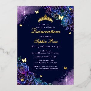 Butterfly Floral Rainbow Gold Quinceanera Foil Invitation