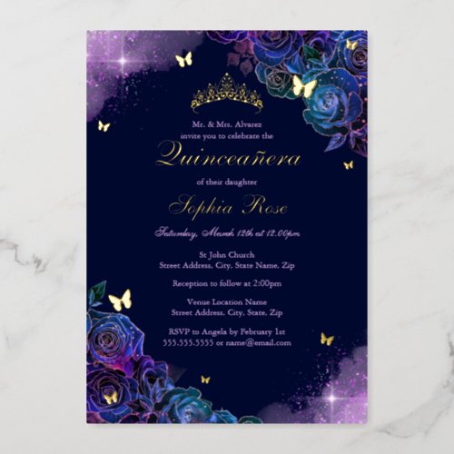 Butterfly Floral Rainbow Gold Quinceanera Foil Invitation