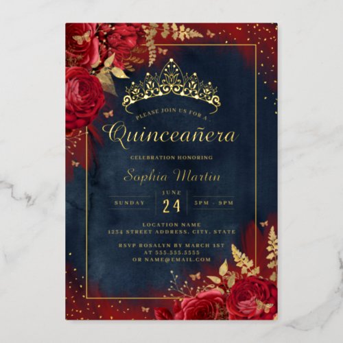 Butterfly Floral Red Gold Quinceanera  Foil Invitation