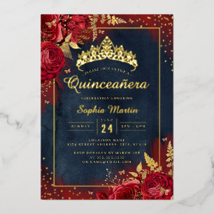 Butterfly Floral Red Gold Quinceanera Foil Invitation
