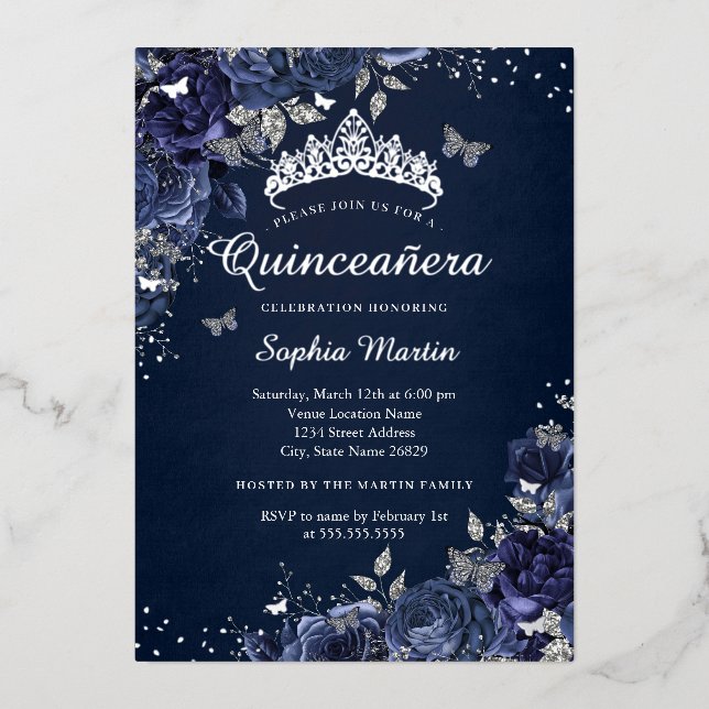 Butterfly Floral Royal Navy Quinceanera Foil Invitation (Front)
