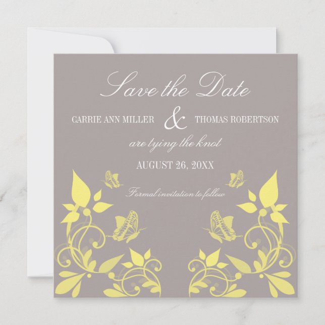 Butterfly Floral Save the Date Invite, Yellow (Front)