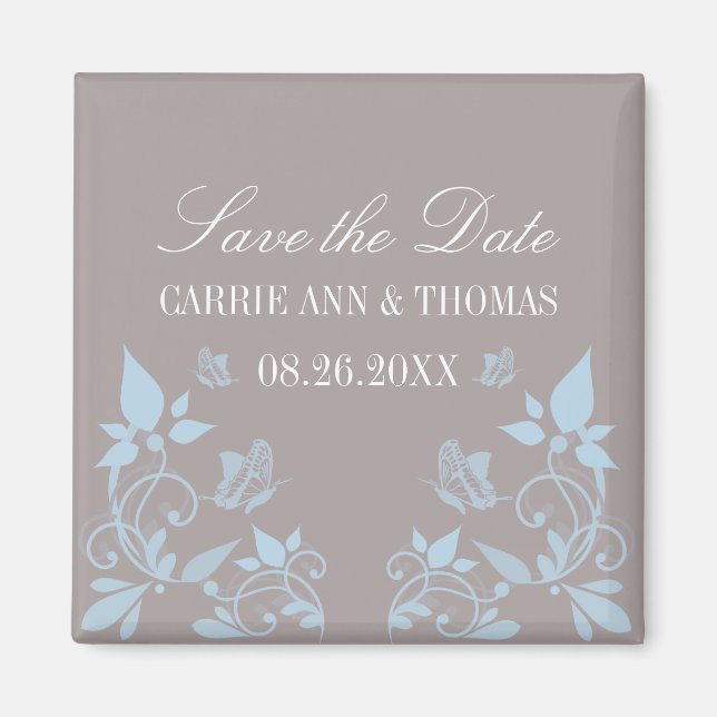 Butterfly Floral Save the Date Magnet, Blue Magnet (Front)