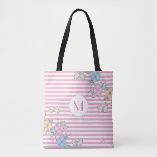 Butterfly Floral Striped Monogram Pink Tote Bag (Front)