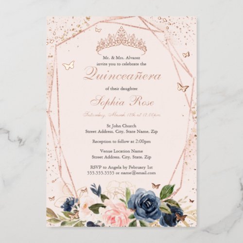 Butterfly Floral Tiara Blush Pink Navy Quinceanera Foil Invitation