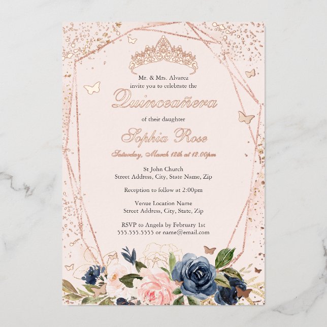 Butterfly Floral Tiara Blush Pink Navy Quinceanera Foil Invitation (Front)