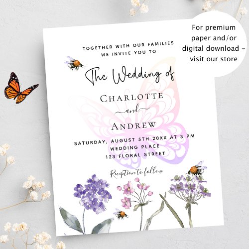 Butterfly floral violet budget wedding invitation