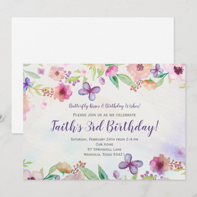 Butterfly Floral Watercolor Birthday Invitation (Front/Back)