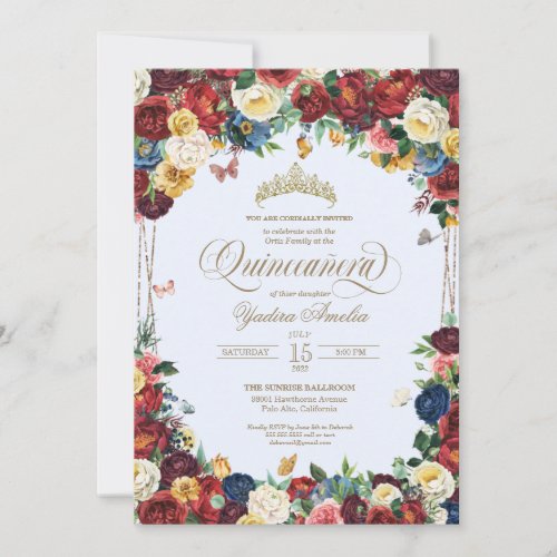 Butterfly Floral Watercolor Blue Quinceaera Invitation
