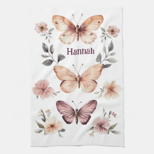 Butterfly Floral Watercolor Elegant CUSTOM NAME Kitchen Towel