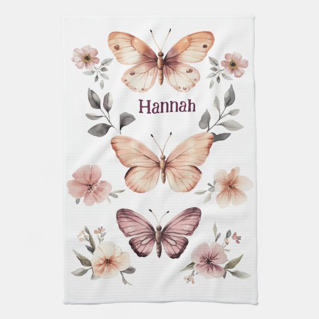 Butterfly Floral Watercolor Elegant CUSTOM NAME Kitchen Towel (Vertical)