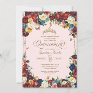 Butterfly Floral Watercolor Pink Red Quinceanera Invitation