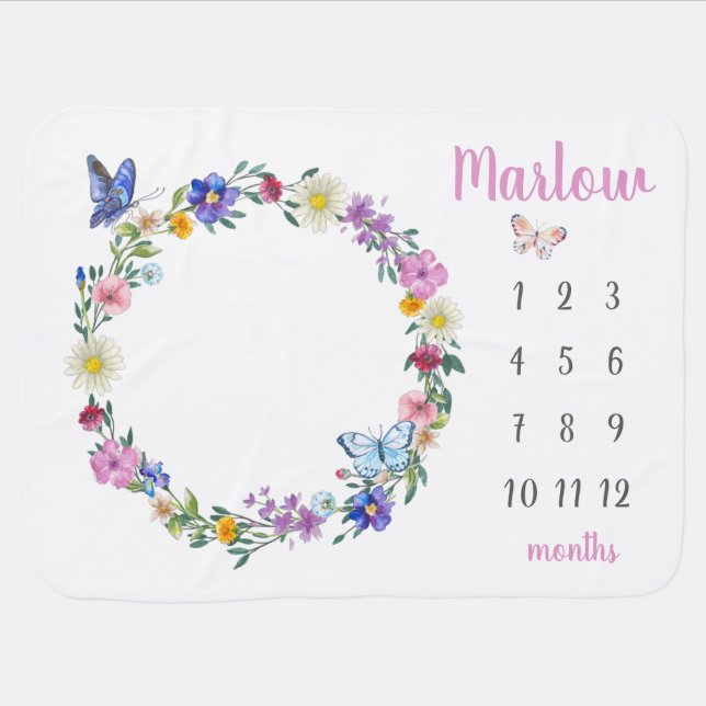 Butterfly floral wreath Baby Milestone Blanket (Horizontal)