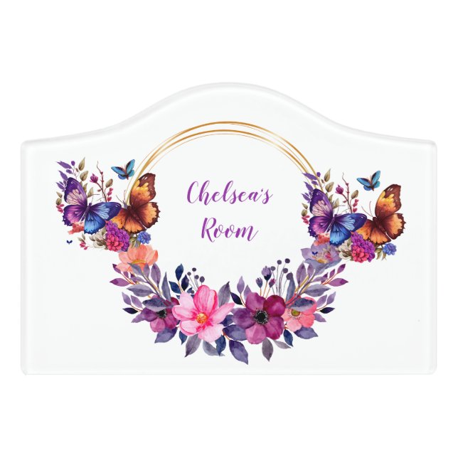 Butterfly Floral Wreath Name Sign (Small Crest Front)