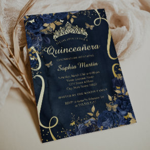 Butterfly Flower Elegant Gold Navy Quinceanera Foil Invitation