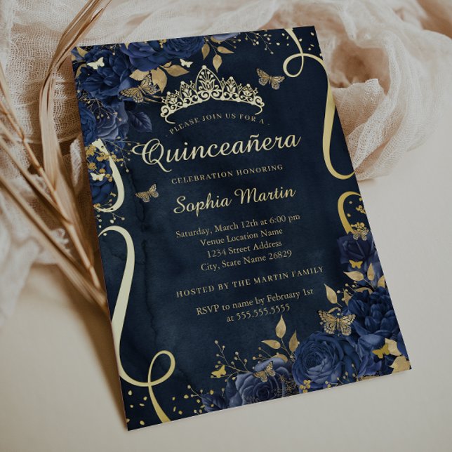 Butterfly Flower Elegant Gold Navy Quinceanera Foil Invitation (Creator Uploaded)