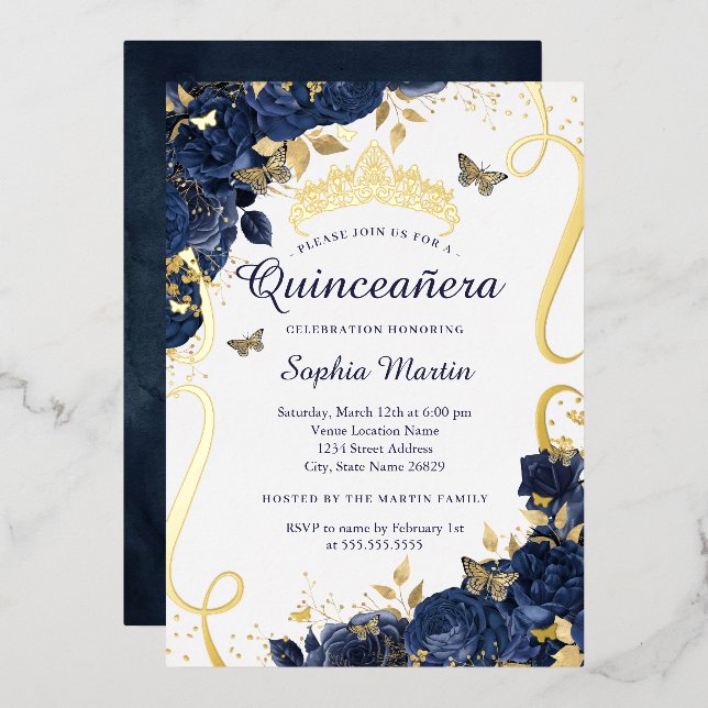 Butterfly Flower Elegant Navy Gold Quinceanera Foil Invitation (Front/Back)
