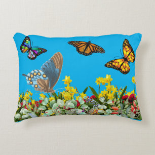Butterfly Flower Garden With Tulips and Daisies Accent Pillow