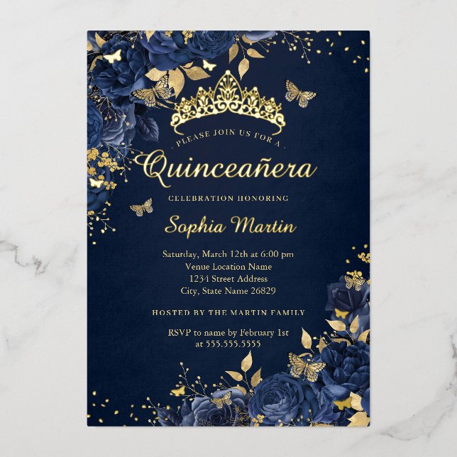 Butterfly Flower Gold Royal Navy Quinceanera Foil Invitation (Front)
