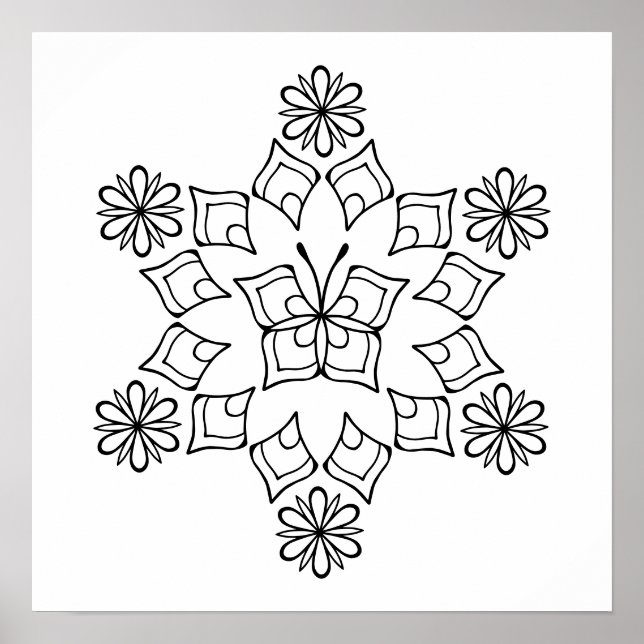 Butterfly Flower Mandala Adult Coloring Poster (Front)