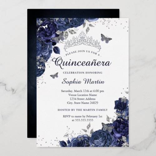 Butterfly Flower Navy Silver Quinceanera Foil Invitation