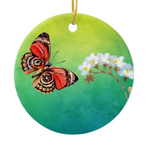 Butterfly &amp; Flower on Green Watercolor Ceramic Ornament