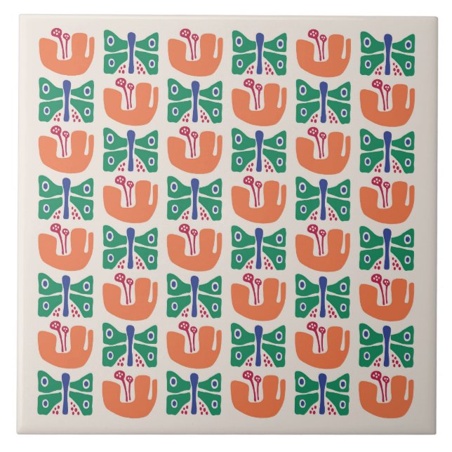 Butterfly Flower Pattern Ceramic Tile (Front)