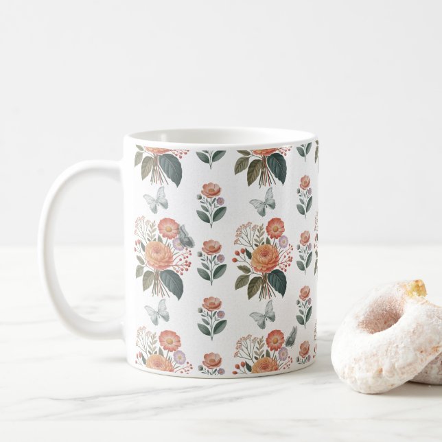 Butterfly Flower spells Coffee Mug (With Donut)
