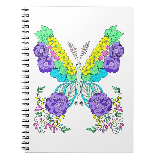 Butterfly, flowers, colorful, whimsical notebook (Front)