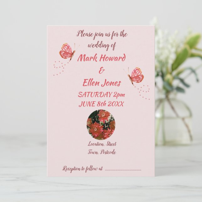 Butterfly Flowers Coral Wedding Invitation (Standing Front)
