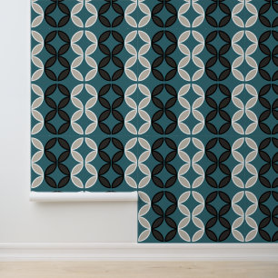 Butterfly flowers diamonds circles on peacock blue wallpaper 