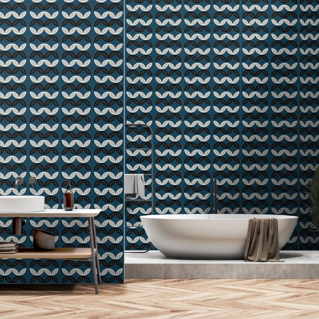 butterfly flowers horizontal stripes on moody blue wallpaper  (Bathroom)