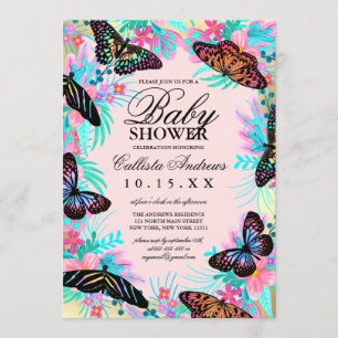 Butterfly Flowers Leaves Watercolor Baby Shower Invitation