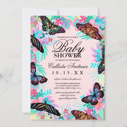 Butterfly Flowers Leaves Watercolor Baby Shower Invitation