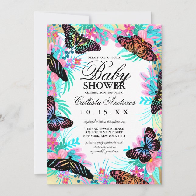 Butterfly Flowers Leaves Watercolor Baby Shower Invitation (Front)