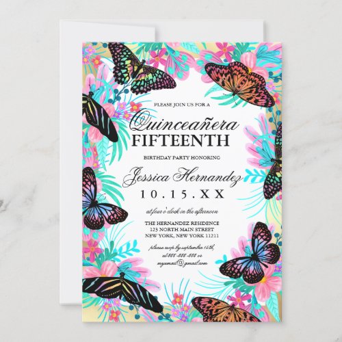 Butterfly Flowers Leaves Watercolor Quinceaera Invitation