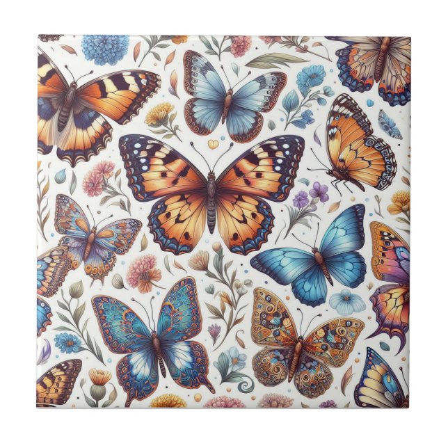 butterfly flowers pattern nature art  ceramic tile (Front)