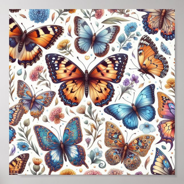 butterfly flowers pattern nature art  poster (Front)