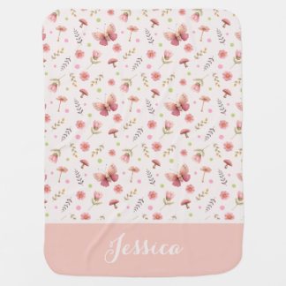 Butterfly& Flowers Pink Botanical Baby Girl Name Blanket