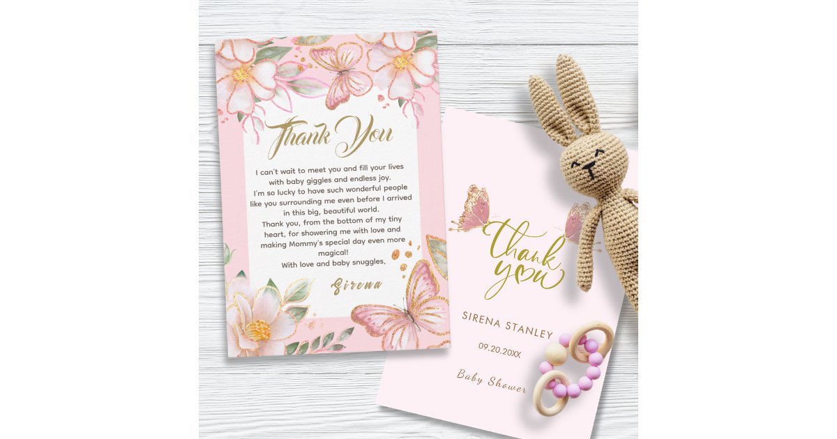 Butterfly & Flowers Pink Cute Thank You Card | Zazzle